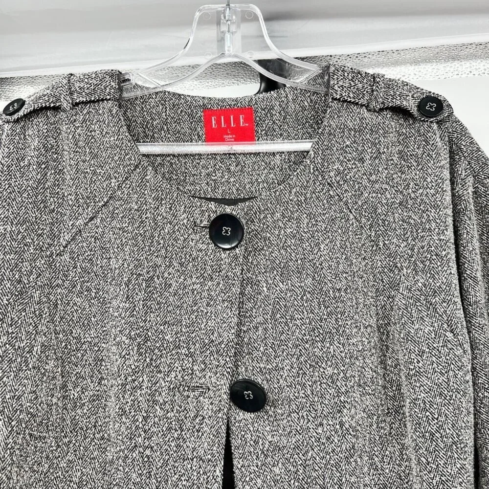 ELLE Womens Cropped Blazer Button Up 3/4 Sleeve Black/Gray Size Large Pockets